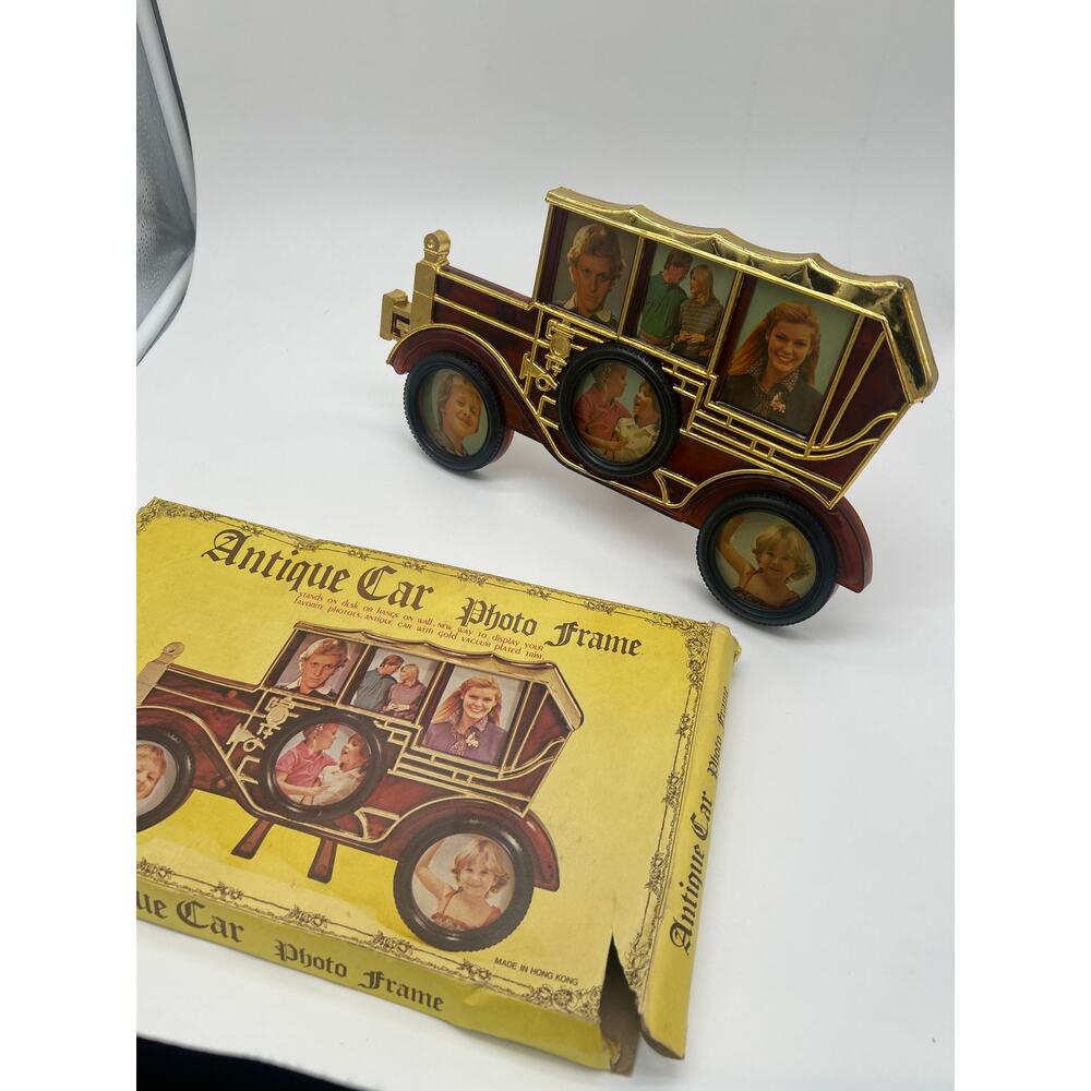 Vintage Antique Car Photo Frame 6 Opening Gold Tone Hong Kong w/ Original Box